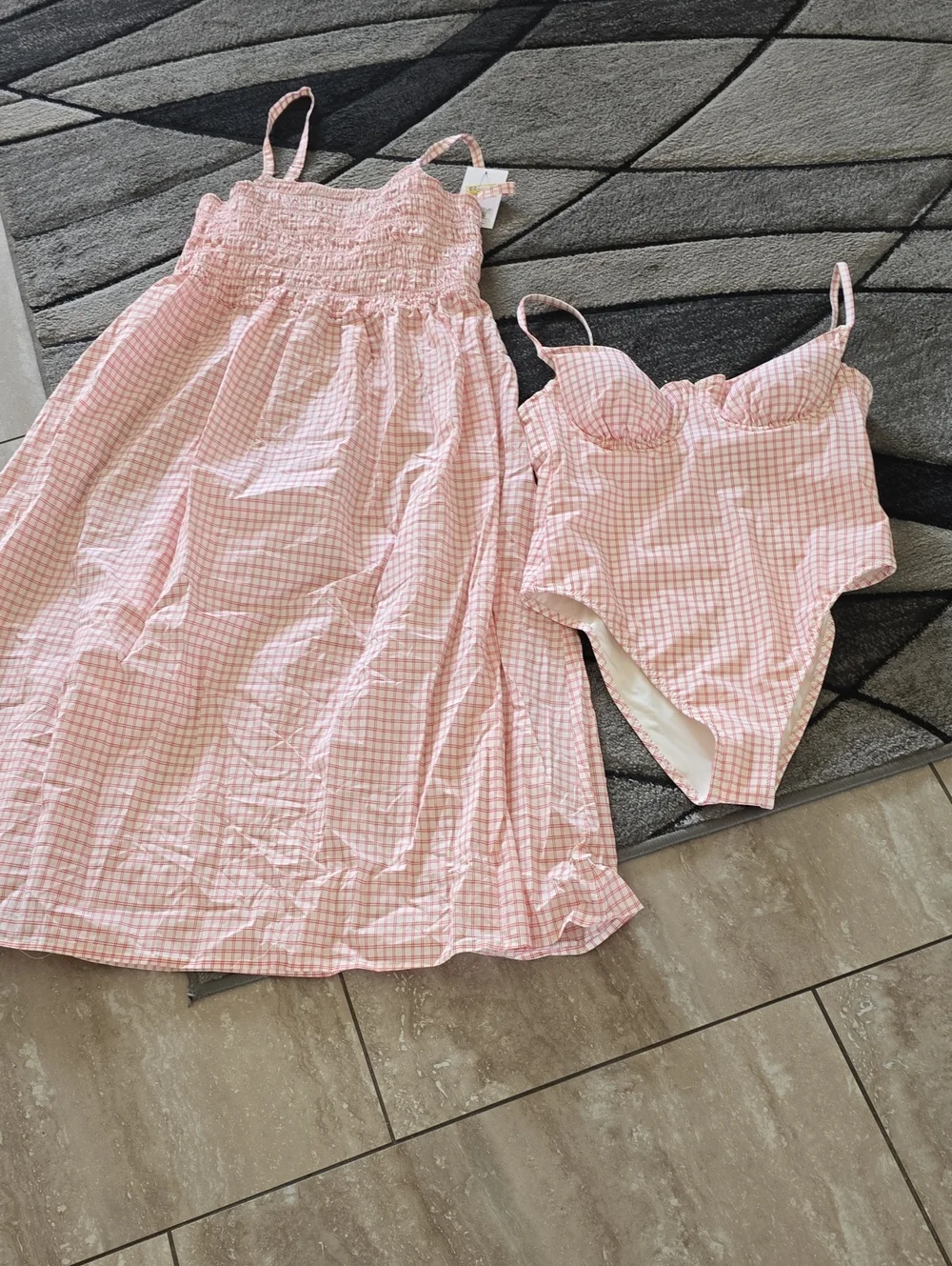 SOLID & STRIPED Pink Gingham Smocked Sundress and Matching One-Piece Sz Lg Nwt